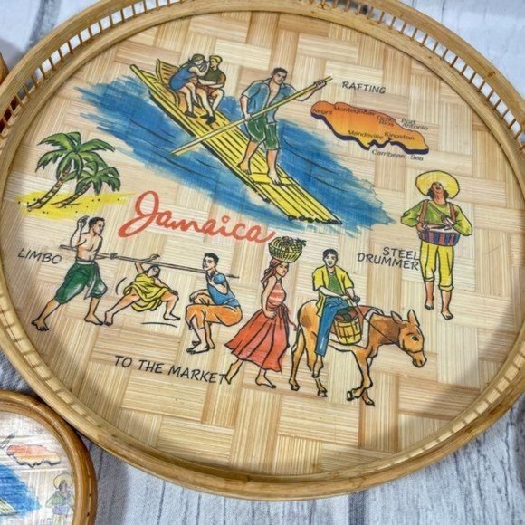 Vintage Tropical Bamboo Drink Tray & Coaster Set 1960s Rattan Tiki Bar MCM Decor - Picture 3 of 6